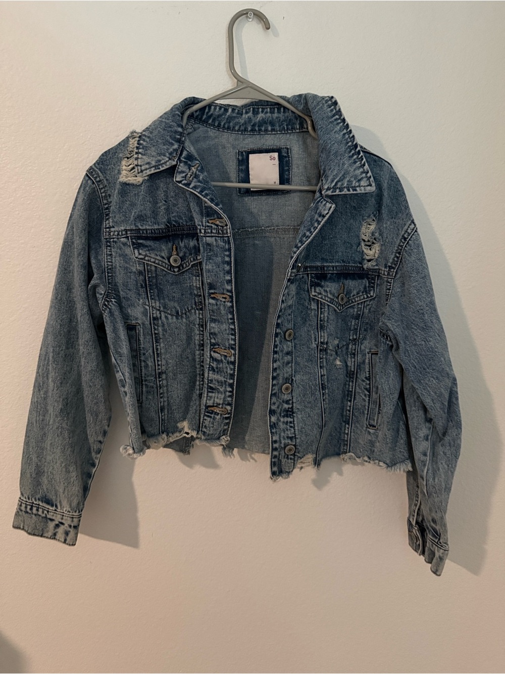 SO Distressed Cropped Denim Jacket - Blue